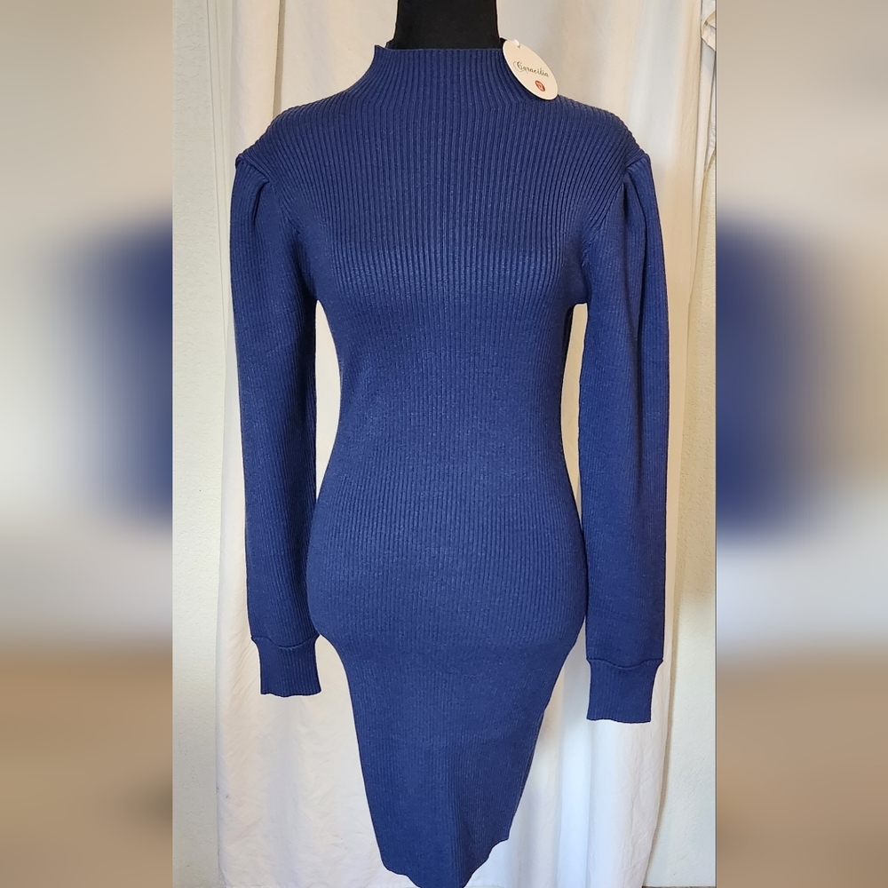 Blue Turtleneck Knit Long Sleeve Bodycon Dress, M